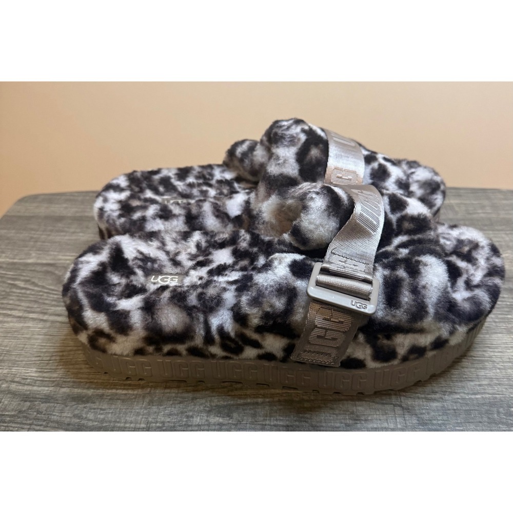 UGG Fuzzita Leopard Print Platform Slides Black White Animal Print Slippers - Picture 5 of 5